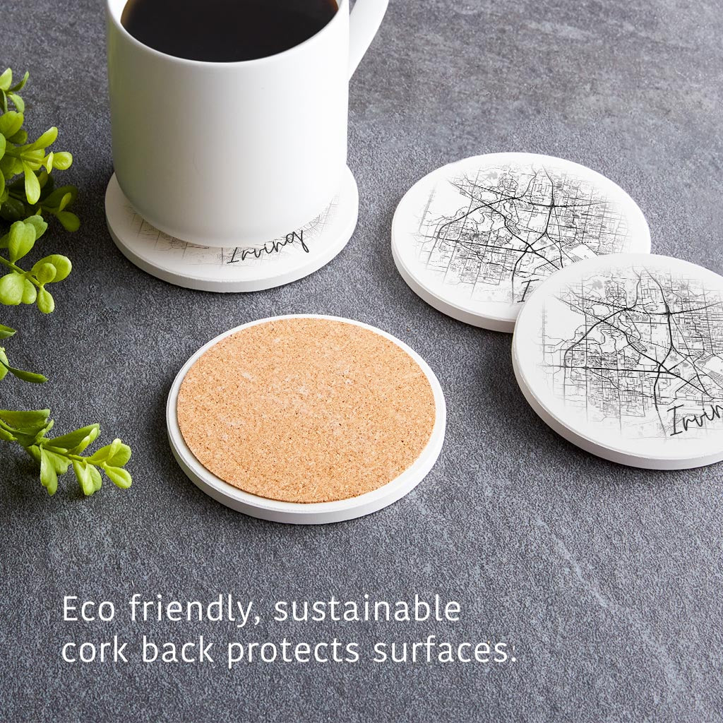 Minimalistic B&W Texas Irving Circle Map | Absorbent Coasters | Set of 4 | Min 2