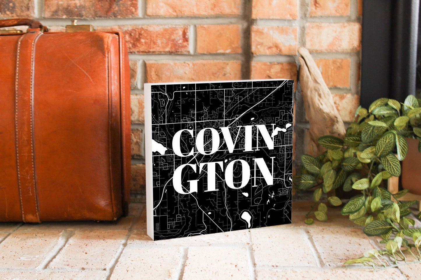 Minimalistic B&W Washington Covington Map | Wood Block | Eaches | Min 2