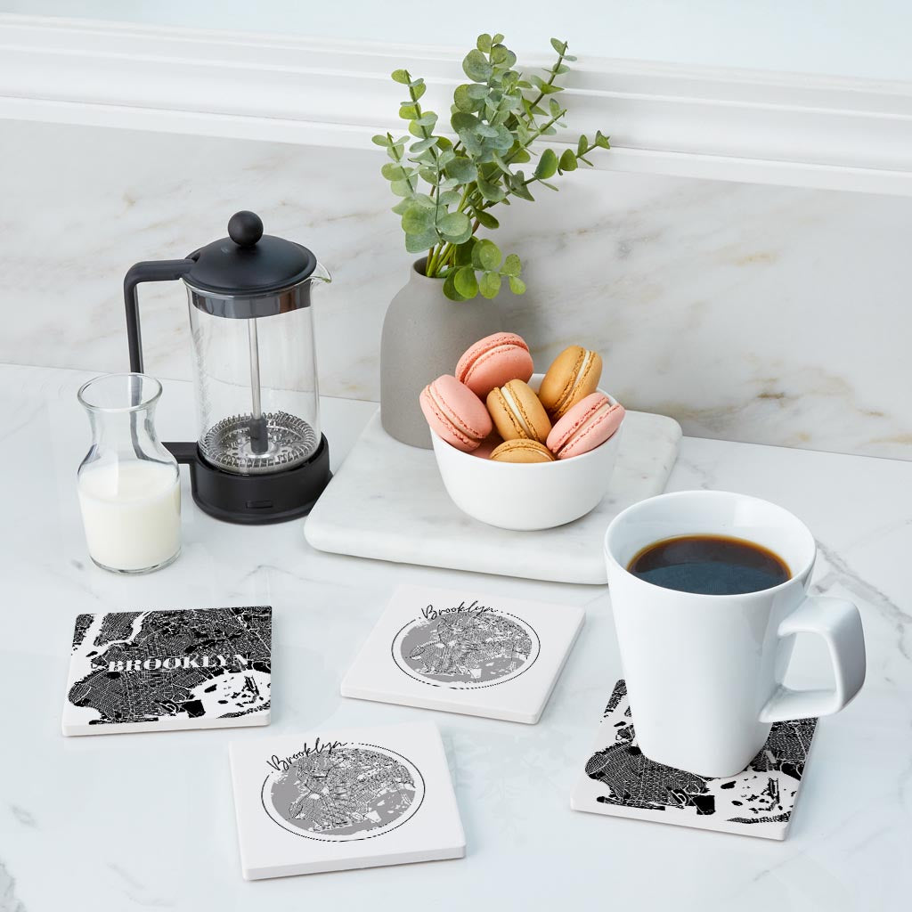 Minimalistic B&W New York Brooklyn Maps | Absorbent Coasters | Set of 4 | Min 2