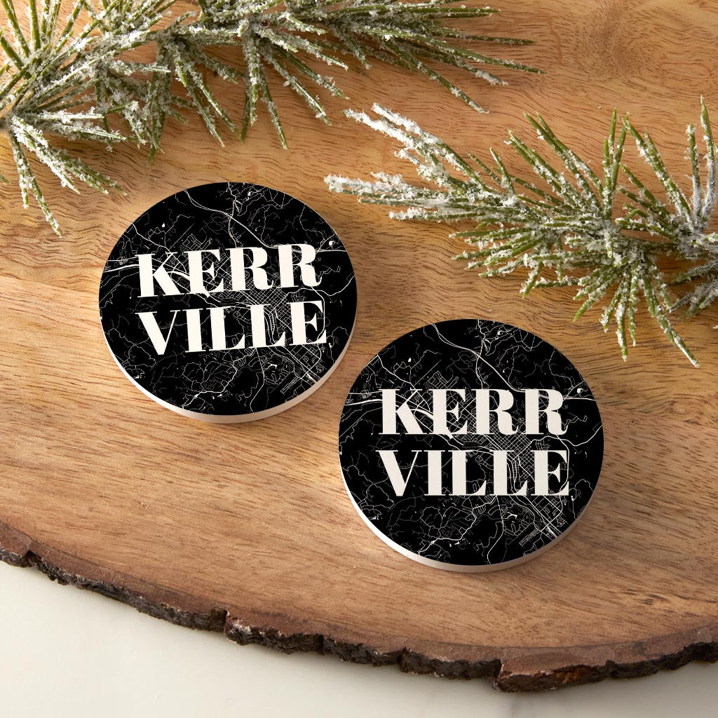 Minimalistic B&W Texas Kerrville Map | Absorbent Car Coasters | Set of 2 | Min 4