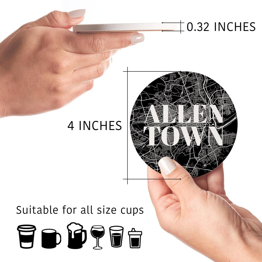 Minimalistic B&W Pennsylvania Allentown Map | Absorbent Coasters | Set of 4 | Min 2