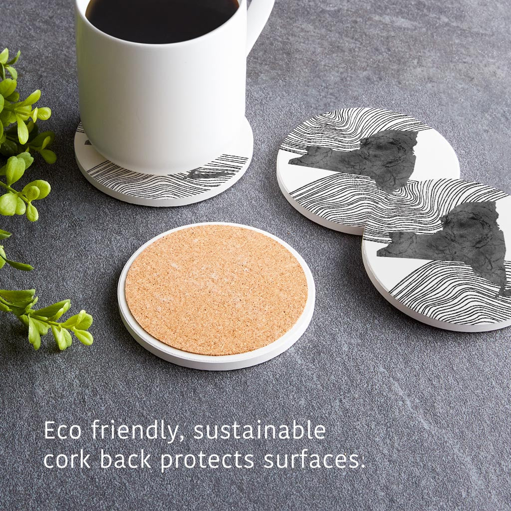 Minimalistic B&W New York State With Fluid Lines | Absorbent Coasters | Set of 4 | Min 2