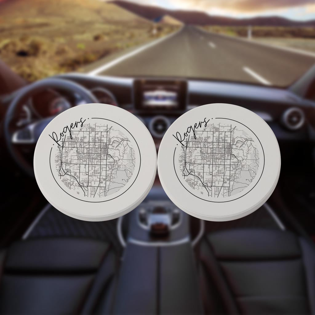 Minimalist B&W Arkansas Rogers Circle Map | Absorbent Car Coasters | Set of 2 | Min 4