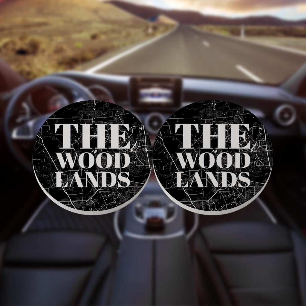 Minimalistic B&W Texas The Woodlands Map | Absorbent Car Coasters | Set of 2 | Min 4
