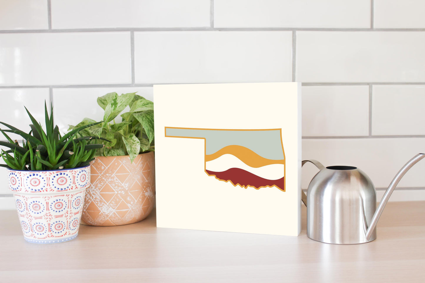 Modern Minimalist Oklahoma Cream Retro State Shape With Hills | Wood Block | Eaches | Min 2