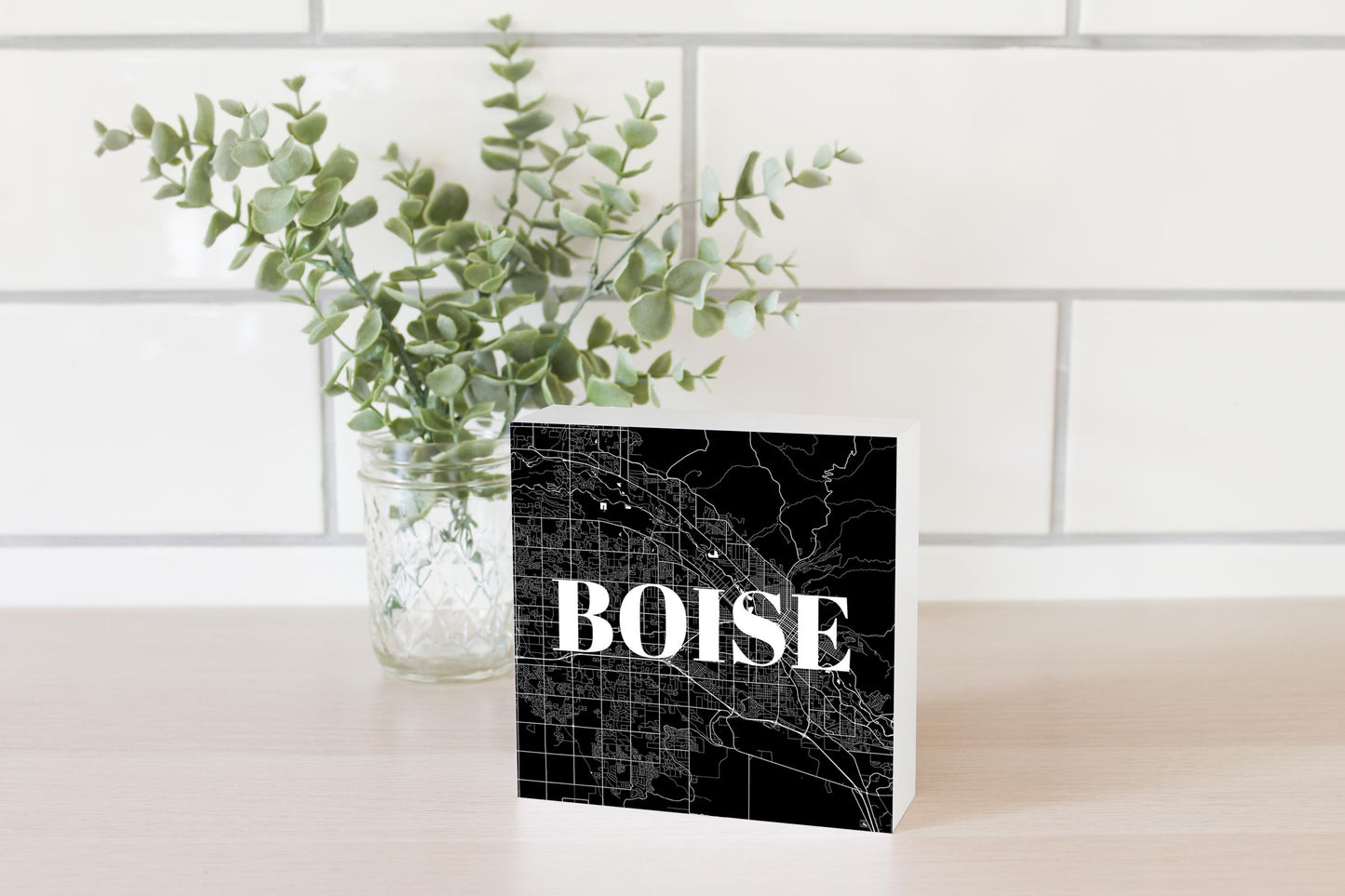 Minimalist B&W Idaho Boise Map | Wood Block | Eaches | Min 4