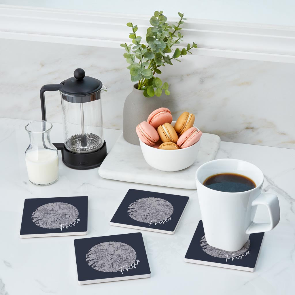Modern Minimalist Texas Colors Frisco Circle Map | Absorbent Coasters | Set of 4 | Min 2