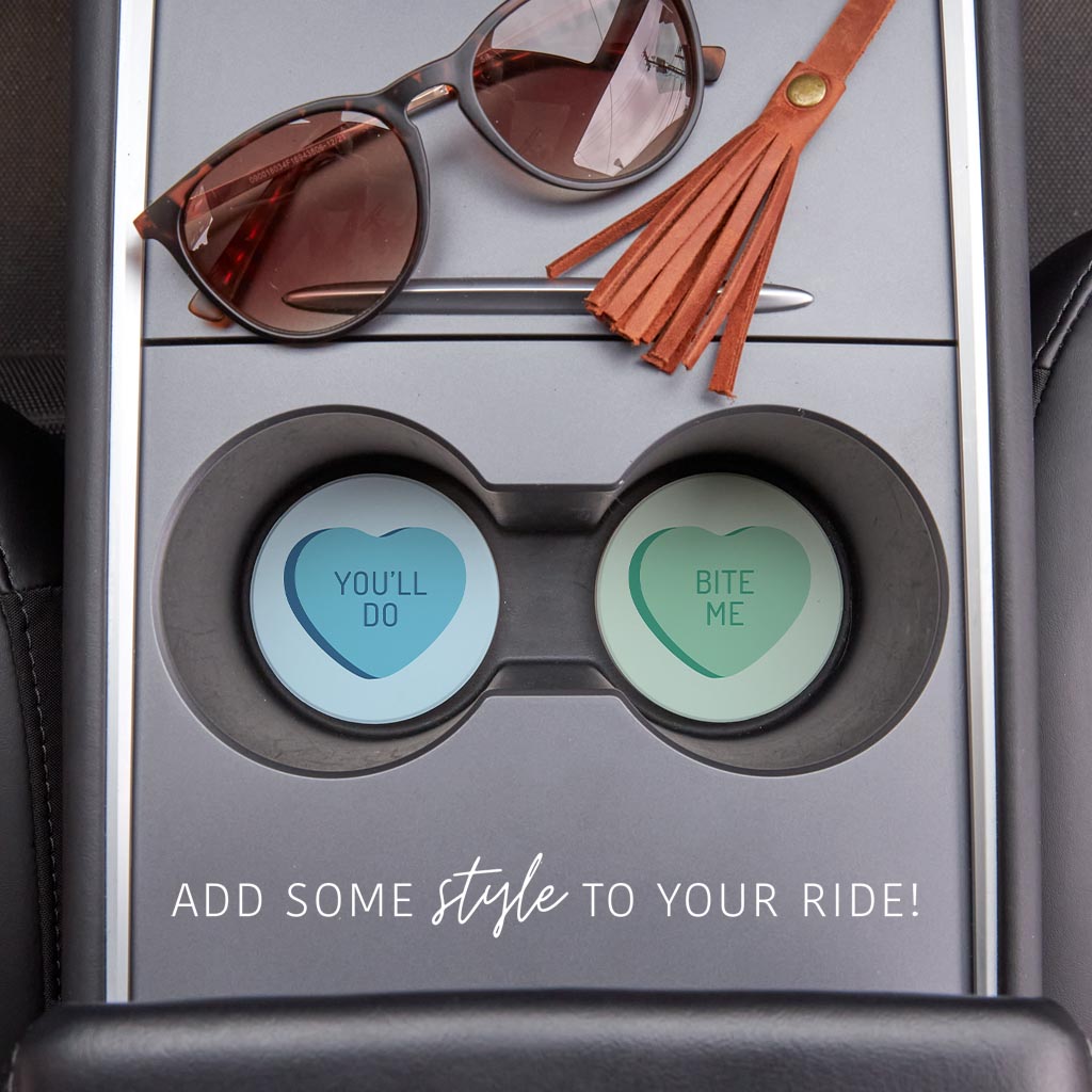 Funny Message Hearts Youll Do Bite Me| Absorbent Car Coasters | Set of 2 | Min 4