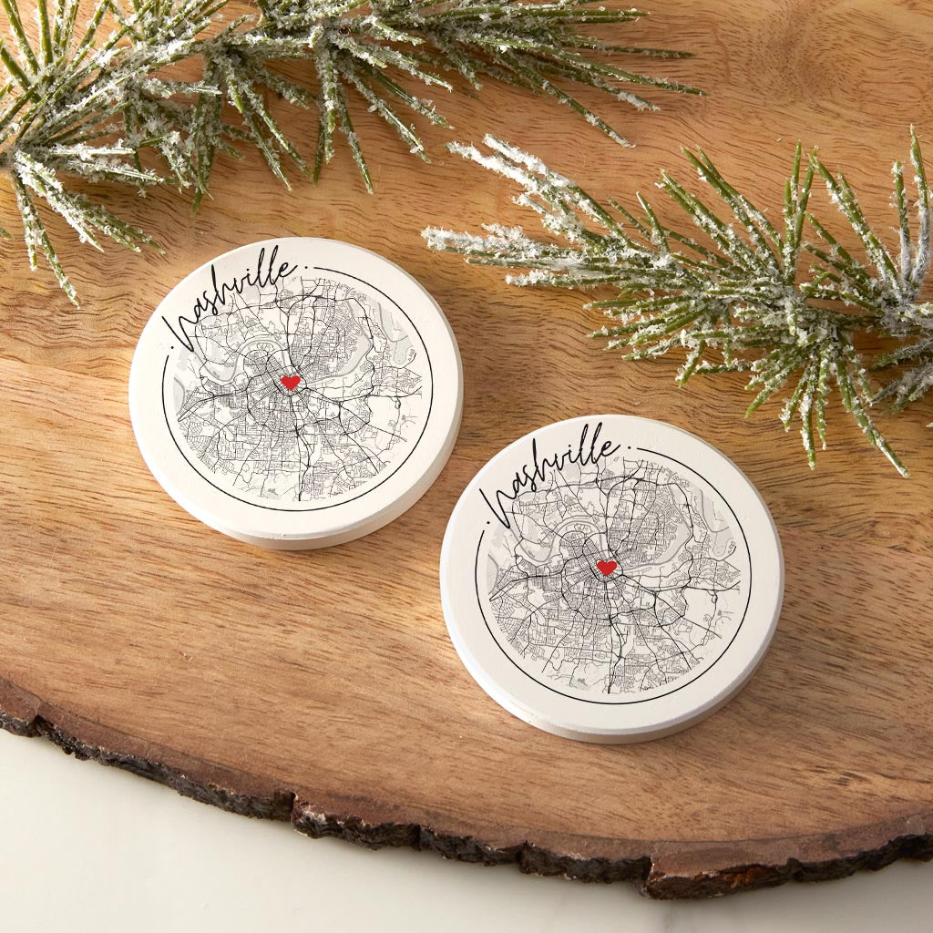 Minimalist B&W Tennessee Nashville Circle Map Heart | Absorbent Car Coasters | Set of 2 | Min 4