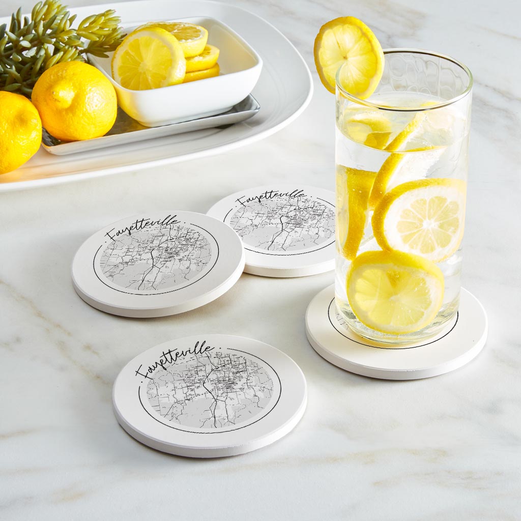 B&W Minimalist Arkansas Fayetteville Circle Map| Absorbent Coasters | Set of 4 | Min 2