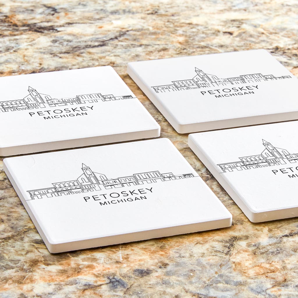 Minimalistic B&W Michigan Petoskey Skyline| Absorbent Coasters | Set of 4 | Min 2