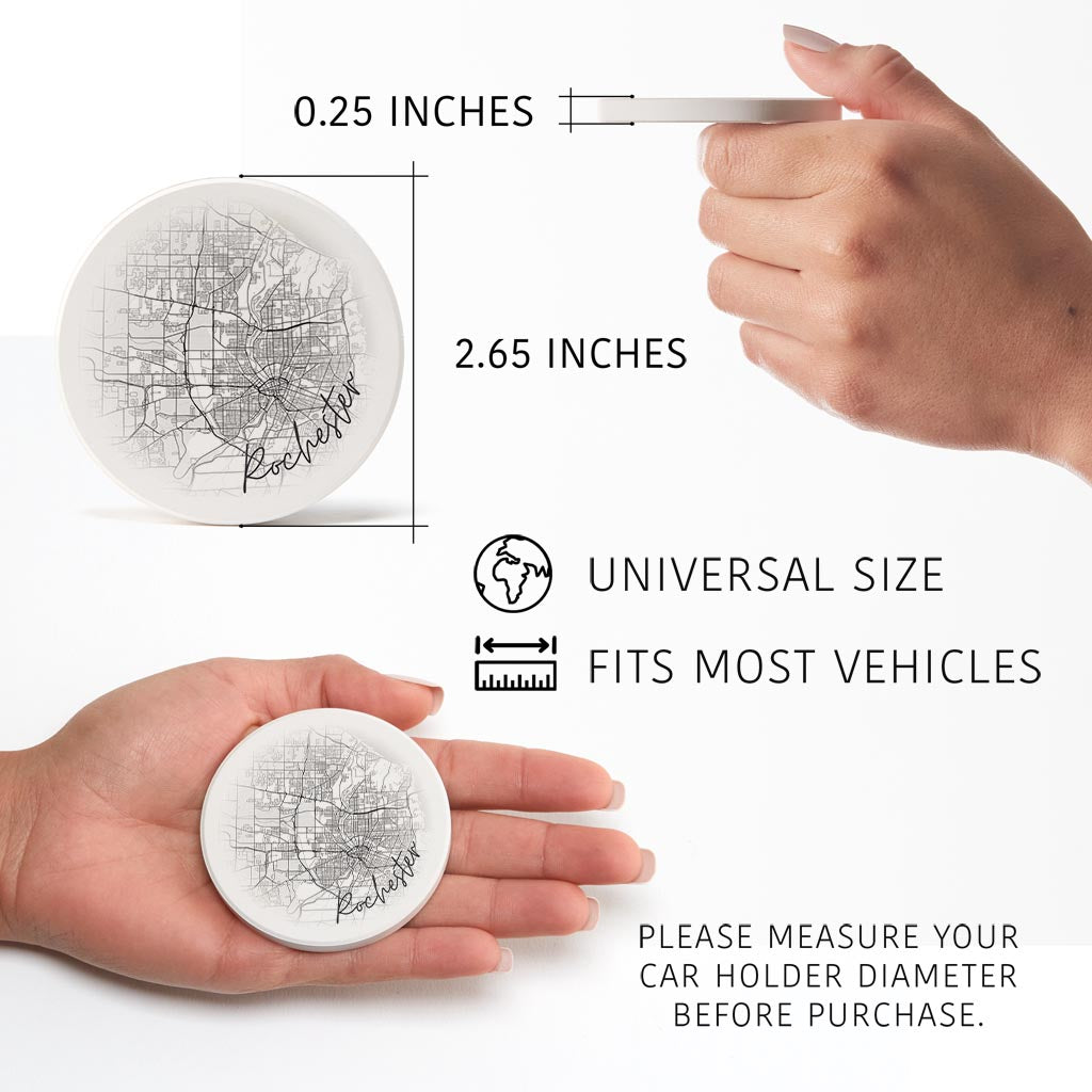 Minimalistic B&W New York Rochester Faded Circle Map | Absorbent Car Coasters | Set of 2 | Min 4