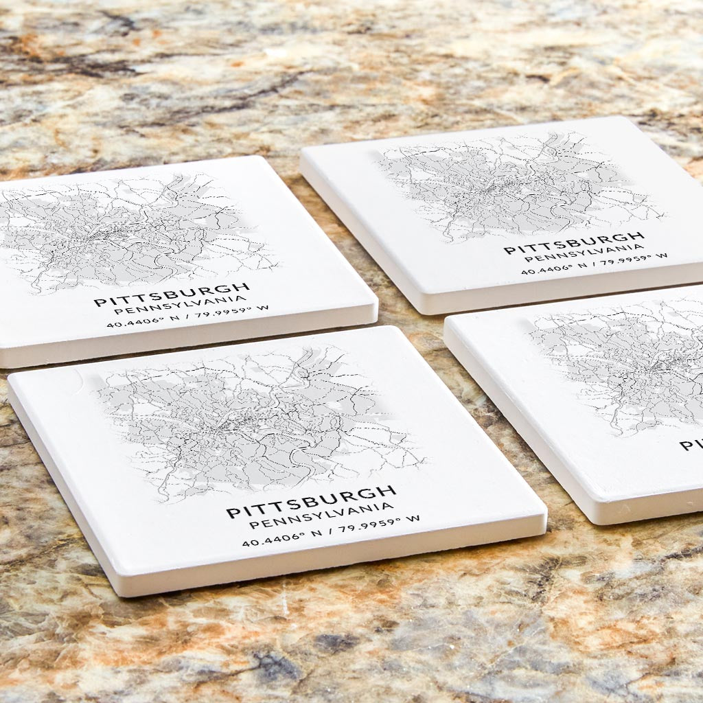 Pittsburgh Pa Minimalistic Map With Coordinates| Absorbent Coasters | Set of 4 | Min 2