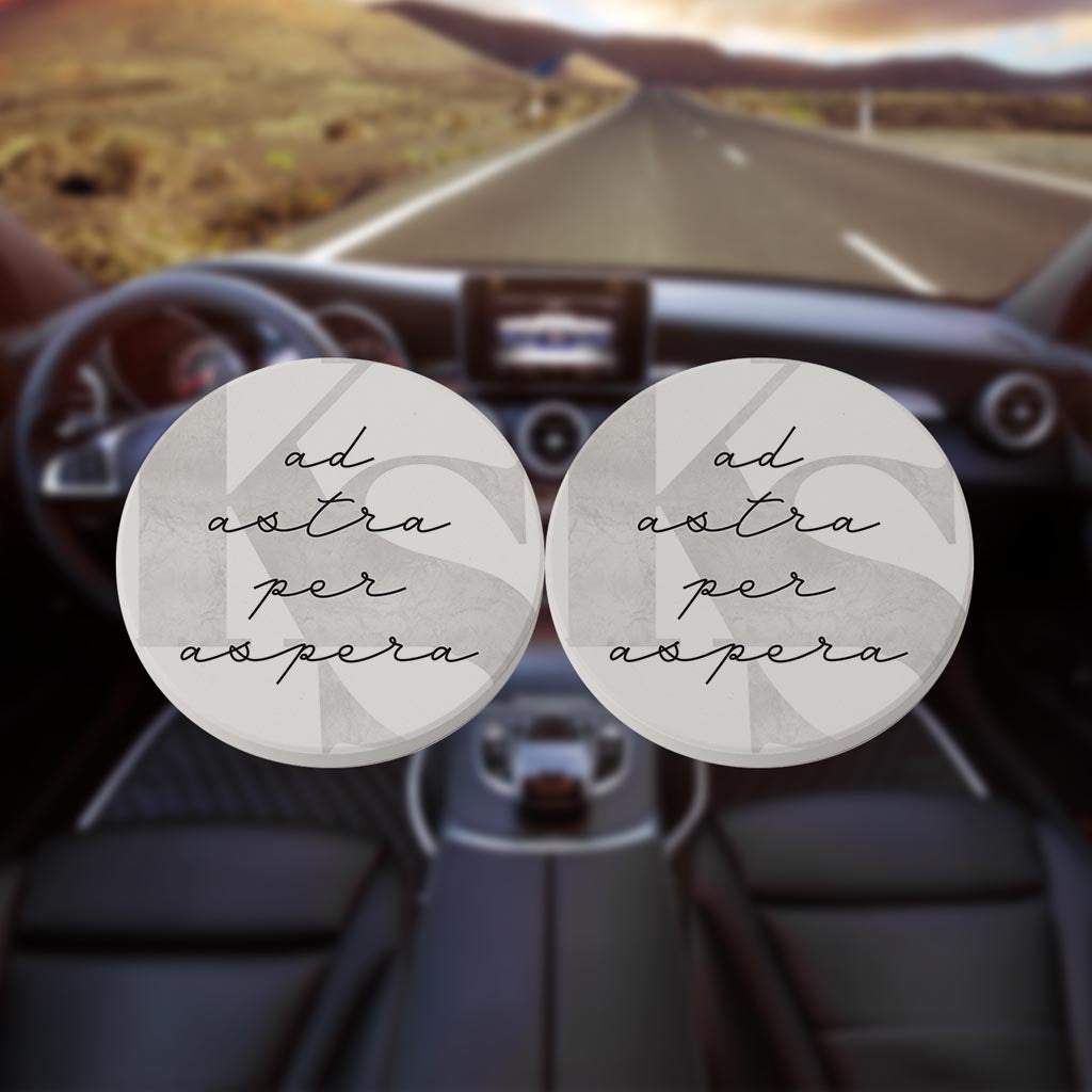 Minimalist B&W Kansas Ad Astra Per Aspera | Absorbent Car Coasters | Set of 2 | Min 4