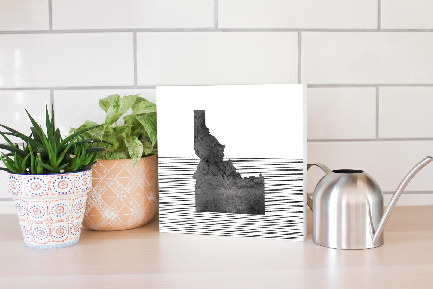 Minimalist B&W Idaho State With Straight Lines | Wood Block | Eaches | Min 2