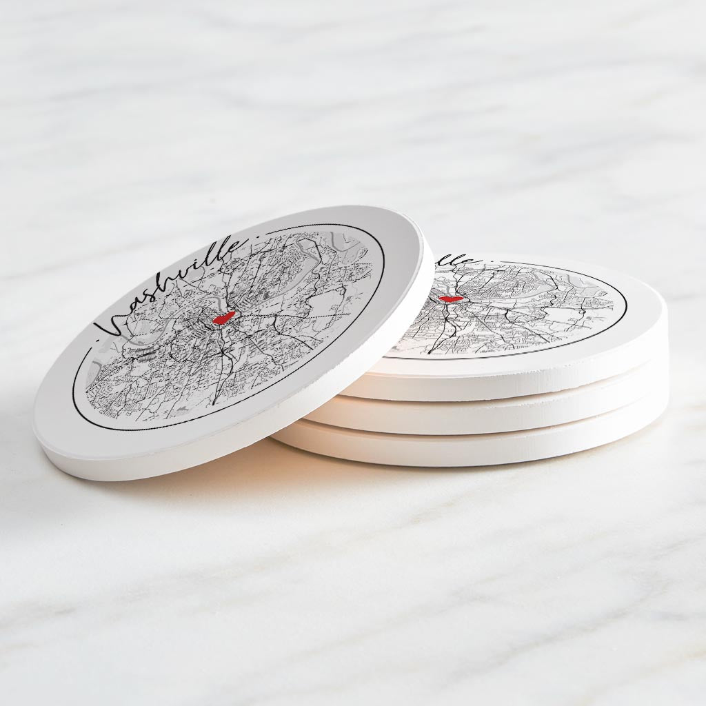 Minimalist B&W Tennessee Nashville Circle Map Heart| Absorbent Coasters | Set of 4 | Min 2