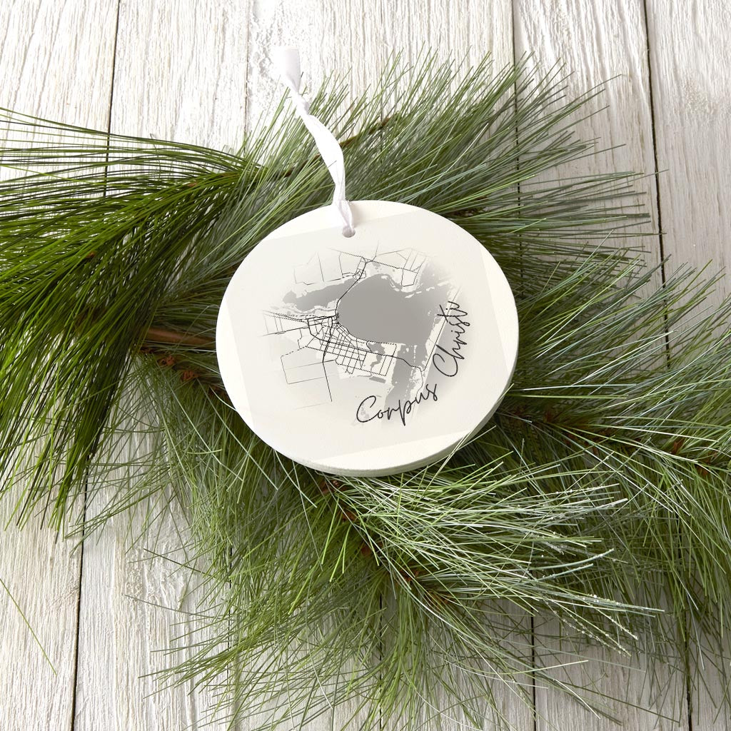 Minimalistic B&W Texas Corpus Christi Circle Map | Wood Ornament | Eaches | Min 6