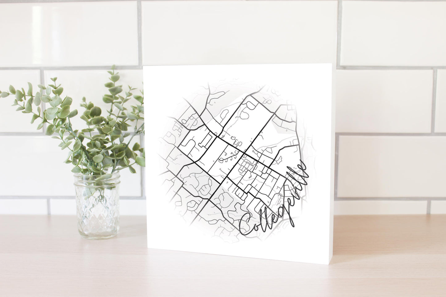 Minimalistic B&W Pennsylvania Collegeville Circle Map | Wood Block | Eaches | Min 2