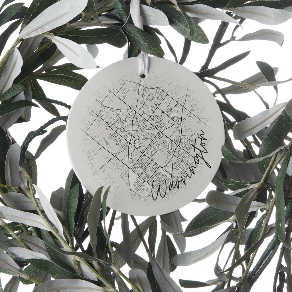 Minimalistic B&W Pennsylvania Warrington Circle Map| Wood Ornament | Eaches | Min 6