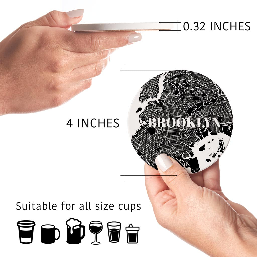 Minimalistic B&W New York Brooklyn Map | Absorbent Coasters | Set of 4 | Min 2