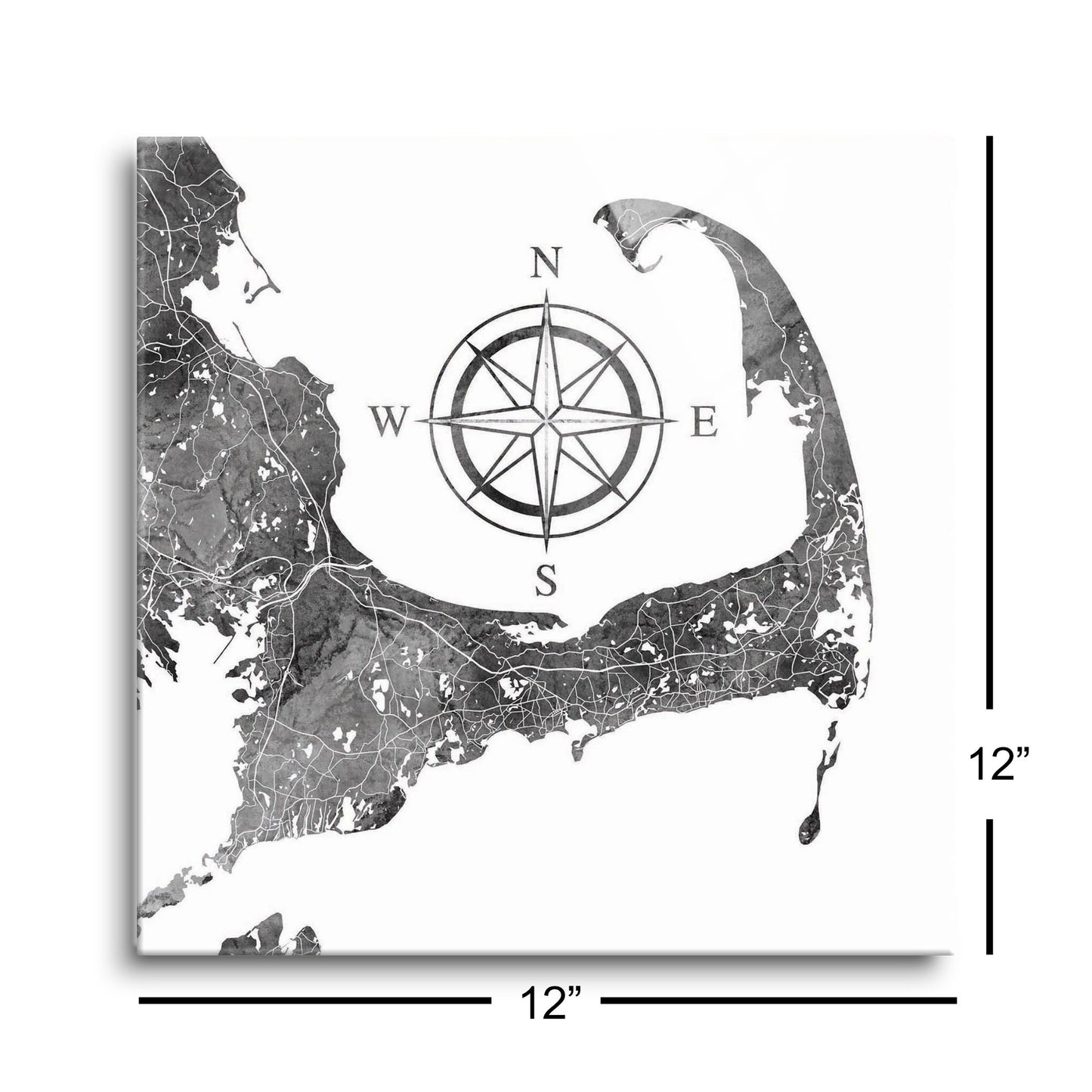 Minimalistic B&W Cape Cod Map With Compass | Hi-Def Glass Art | Eaches | Min 1