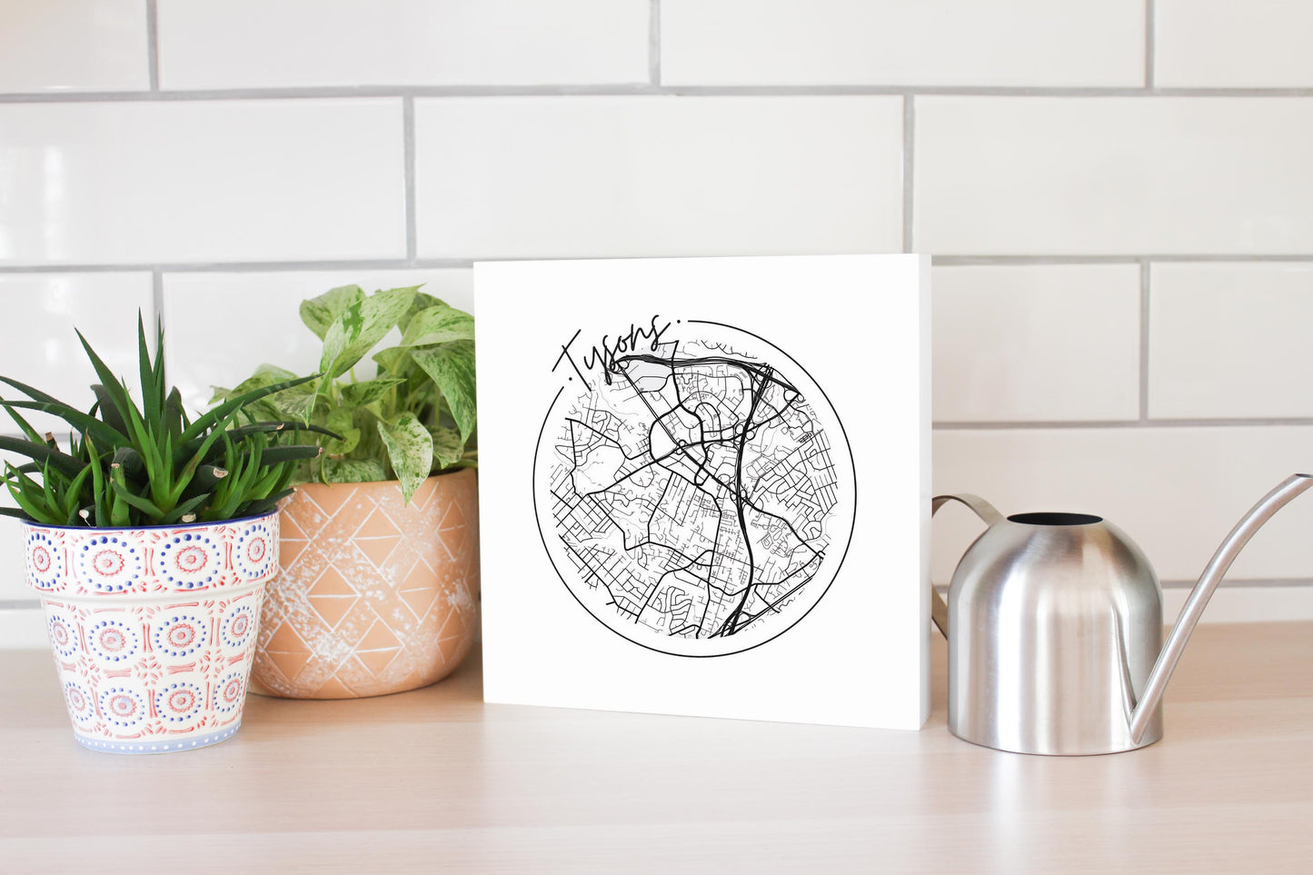 Minimalistic B&W Virginia Tysons Circle Map | Wood Block | Eaches | Min 2