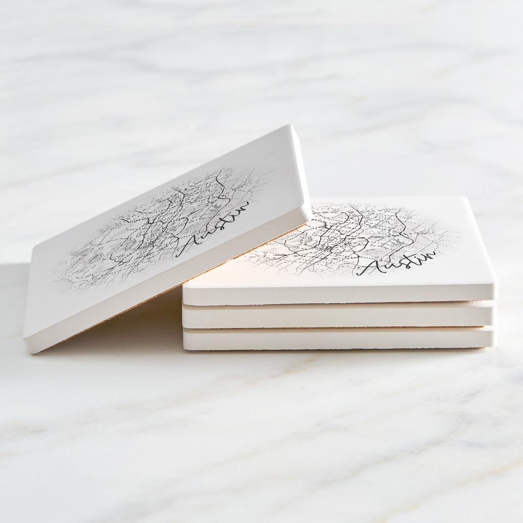 Minimalistic B&W Texas Austin Circle Map| Absorbent Coasters | Set of 4 | Min 2