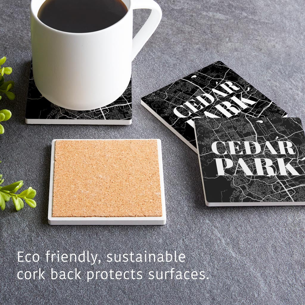 Minimalistic B&W Texas Cedar Park Map | Absorbent Coasters | Set of 4 | Min 2