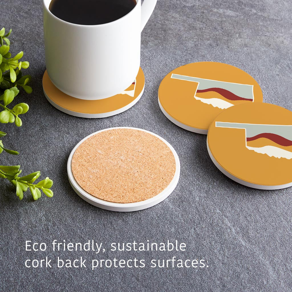 Modern Minimalist Oklahoma Orange Retro State Shape With Hills | Absorbent Coasters | Set of 4 | Min 2