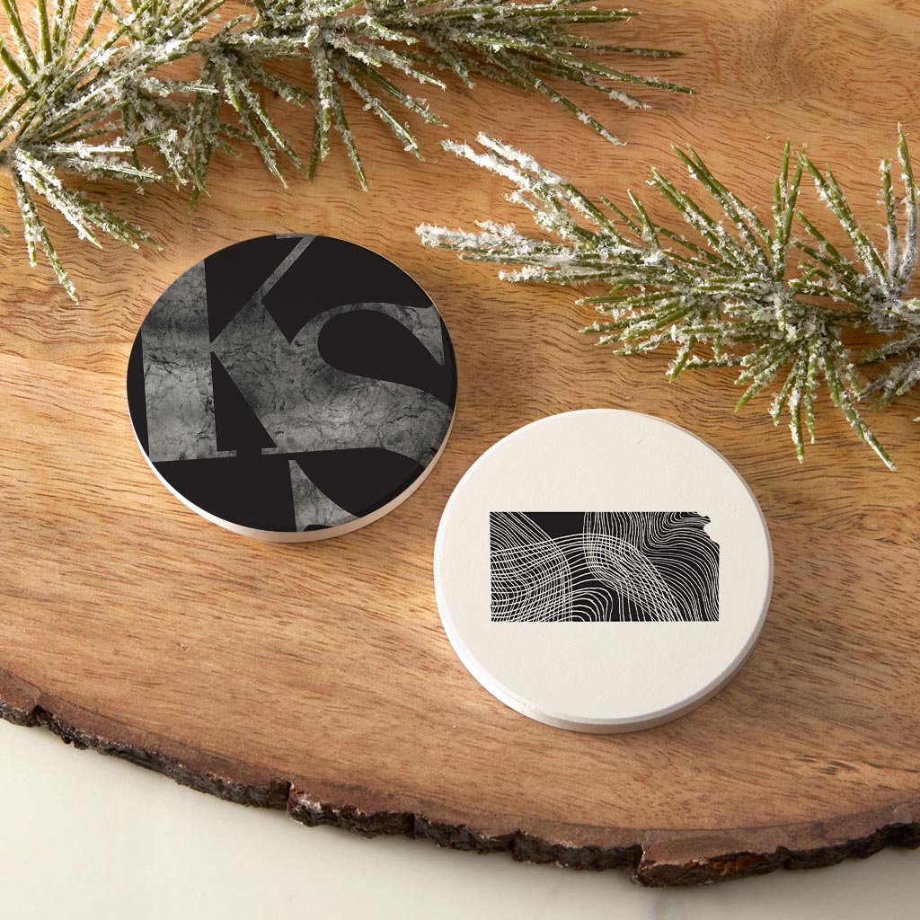 Minimalist B&W Kansas Black Initials And State| Absorbent Car Coasters | Set of 2 | Min 4