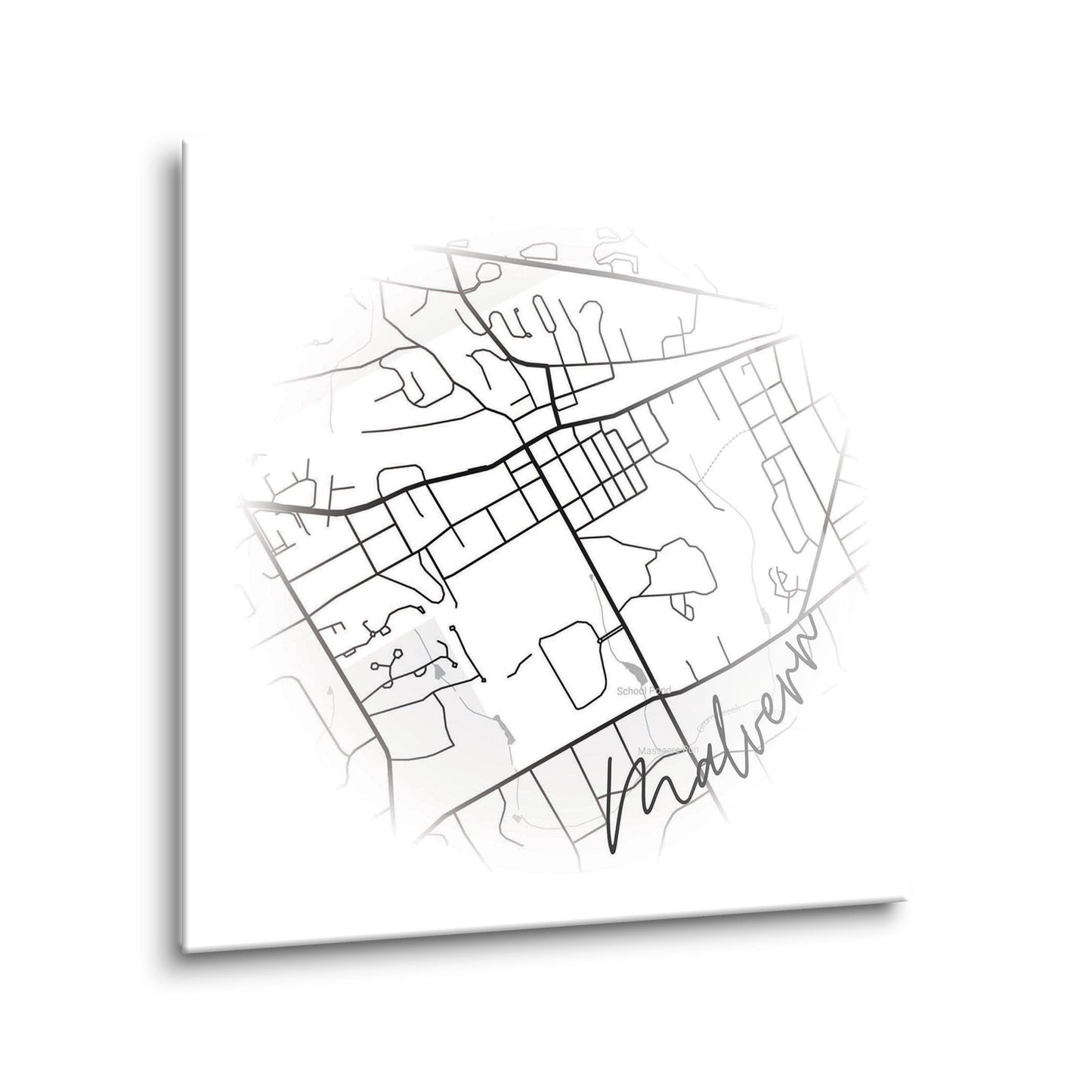 Minimalistic B&W Pennsylvania Malvern Circle Map | Hi-Def Glass Art | Eaches | Min 2