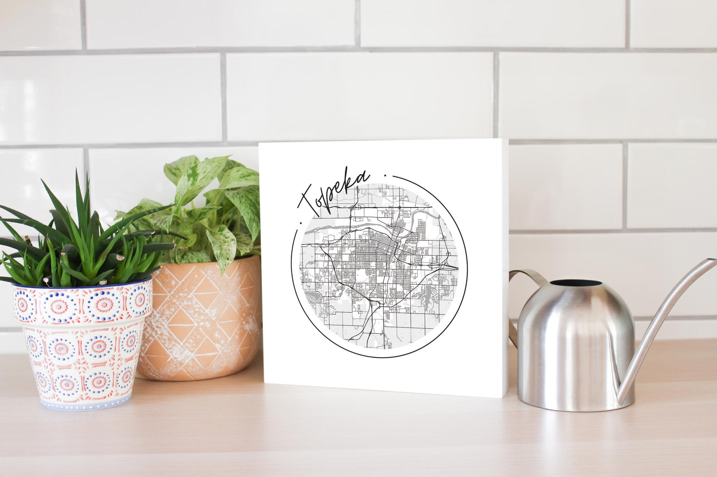 Minimalist B&W Kansas Topeka Circle Map | Wood Block | Eaches | Min 2