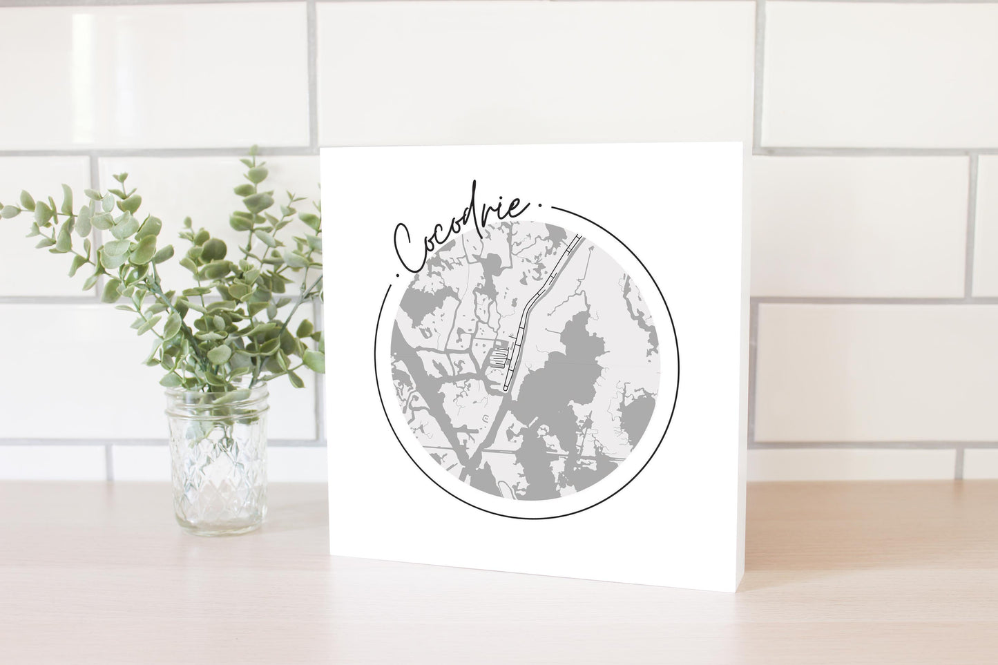 Minimalist B&W Louisiana Cocodrie Circle Map | Wood Block | Eaches | Min 2
