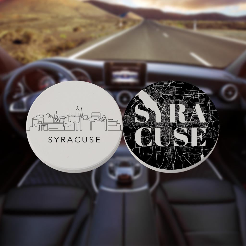 Minimalistic B&W New York Syracuse Map Skyline| Absorbent Car Coasters | Set of 2 | Min 4
