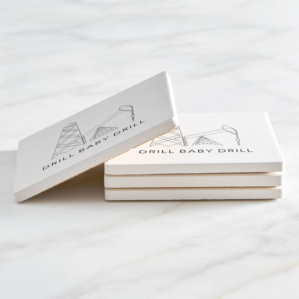 Modern Oklahoma Line Drawing Drill Baby Drill | Absorbent Coasters | Set of 4 | Min 2