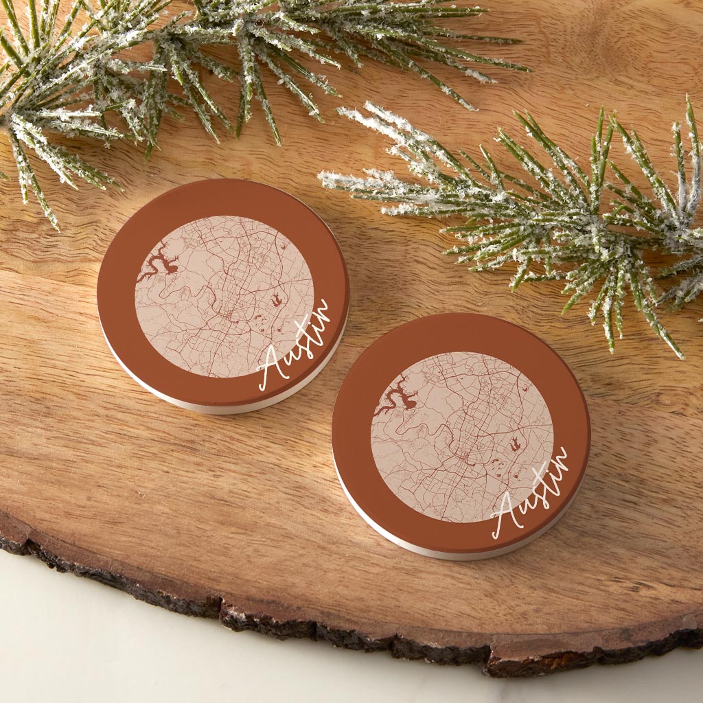 Modern Minimalist Texas Austin Circle Map | Absorbent Car Coasters | Set of 2 | Min 4