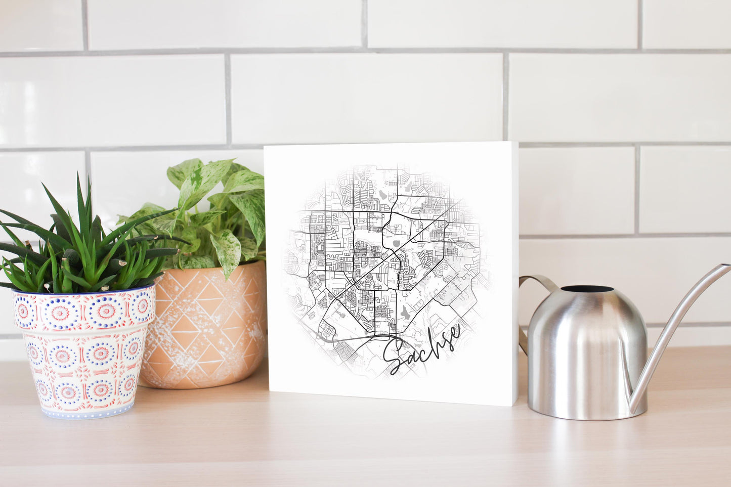 Minimalistic B&W Texas Sachse Circle Map | Wood Block | Eaches | Min 2