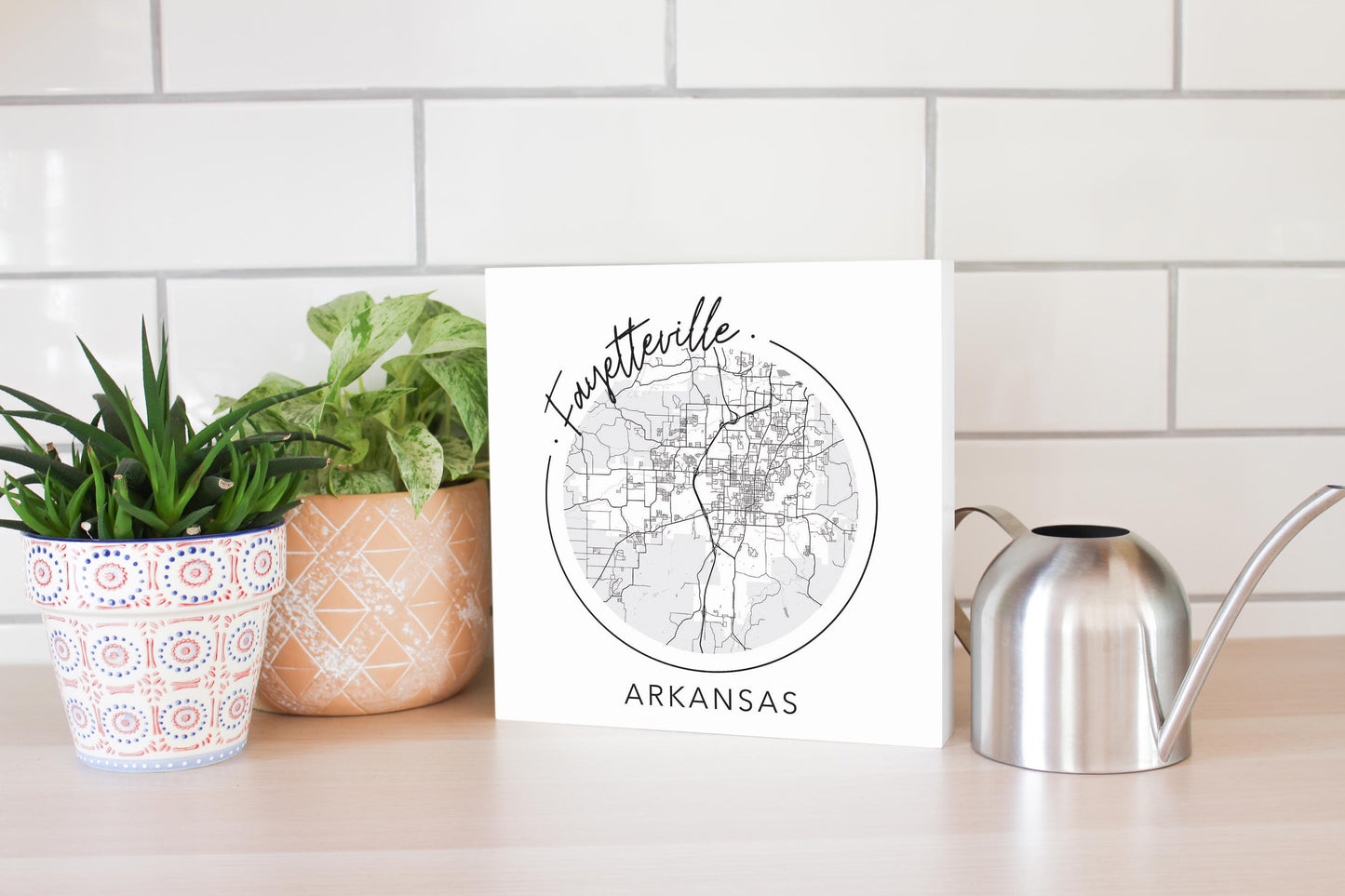 Minimalist B&W Arkansas Fayetteville Circle Map | Wood Block | Eaches | Min 2