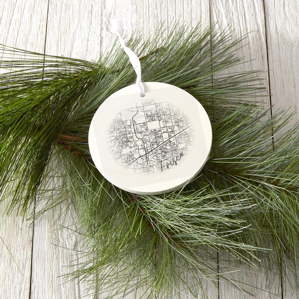 Minimalistic B&W Texas Frisco Circle Map | Wood Ornament | Eaches | Min 6