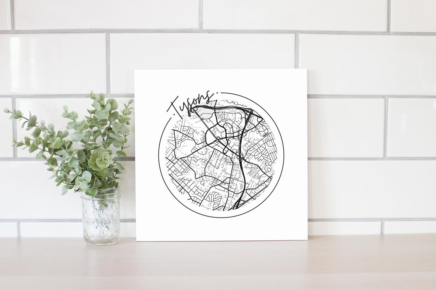 Minimalistic B&W Virginia Tysons Circle Map | Wood Sign | Eaches | Min 2