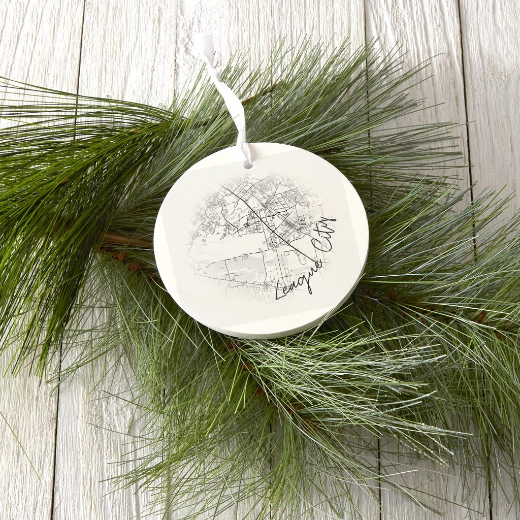 Minimalistic B&W Texas League City Circle Map| Wood Ornament | Eaches | Min 6