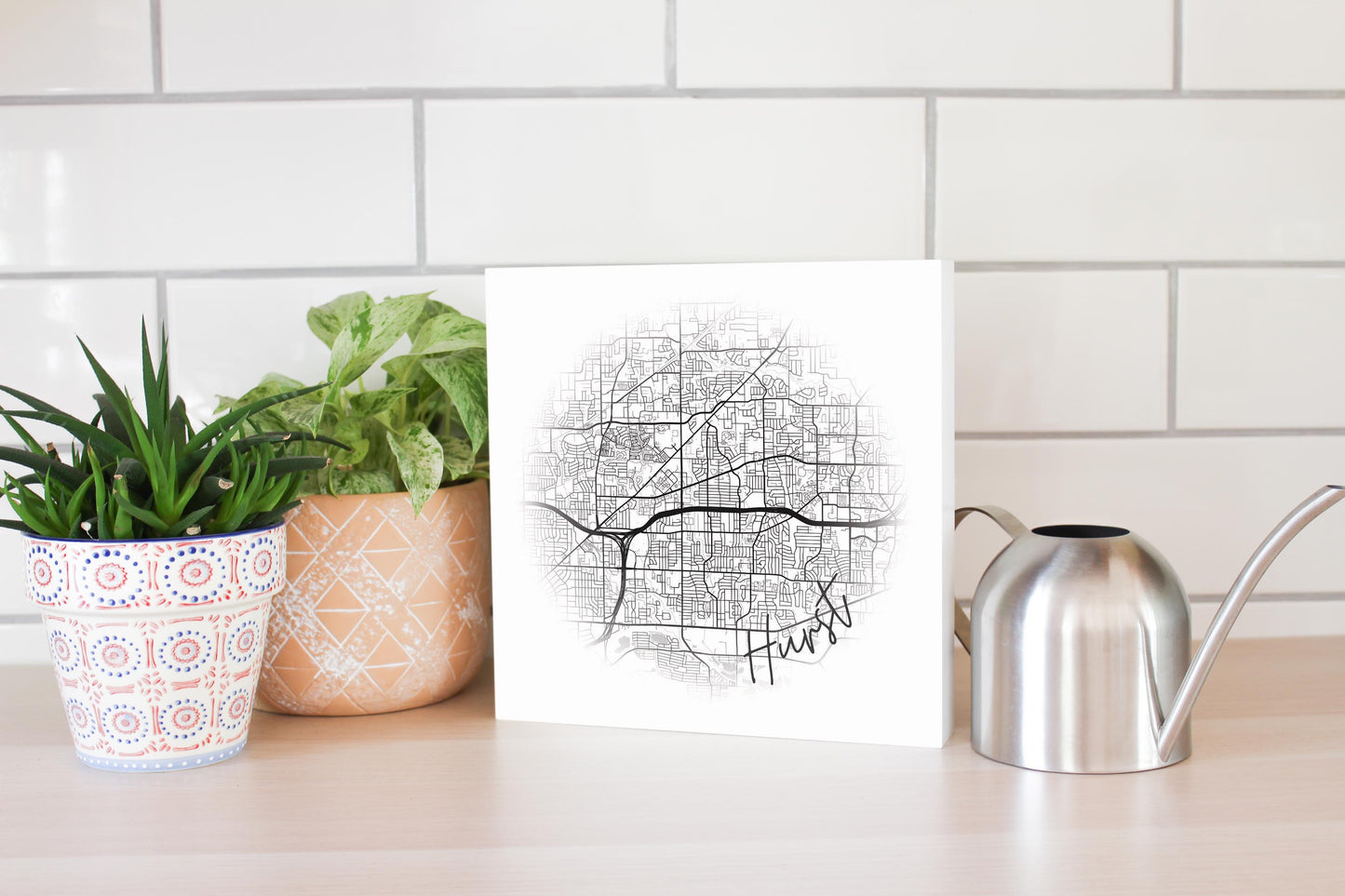 Minimalistic B&W Texas Hurst Circle Map | Wood Block | Eaches | Min 2