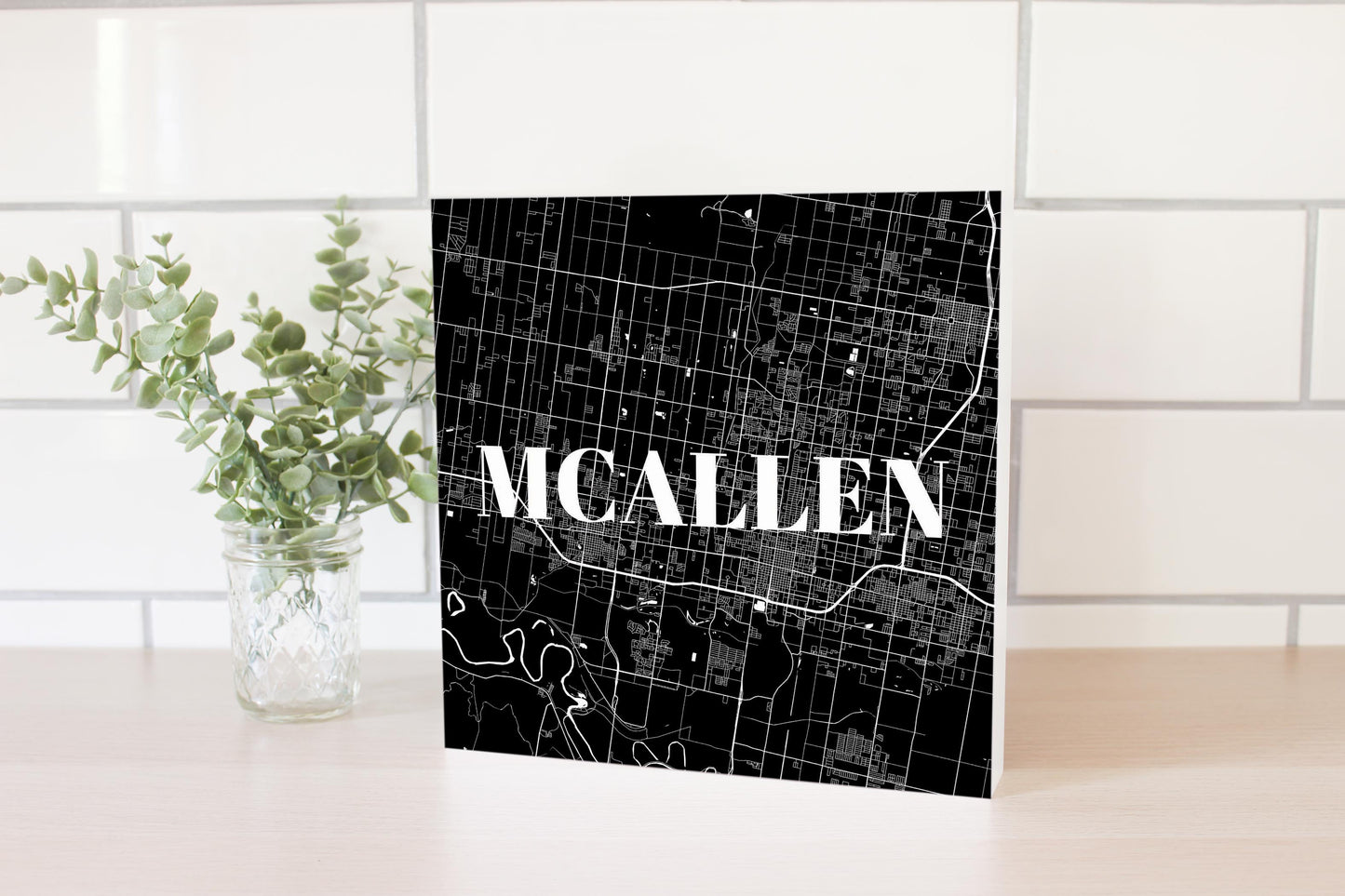 Minimalistic B&W Texas Mcallen Map | Wood Block | Eaches | Min 2