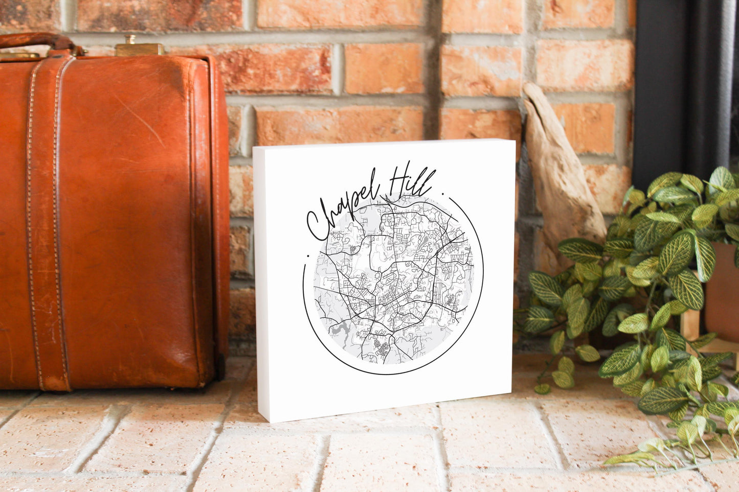 Minimalistic B&W North Carolina Chapel Hill Circle Map | Wood Block | Eaches | Min 2
