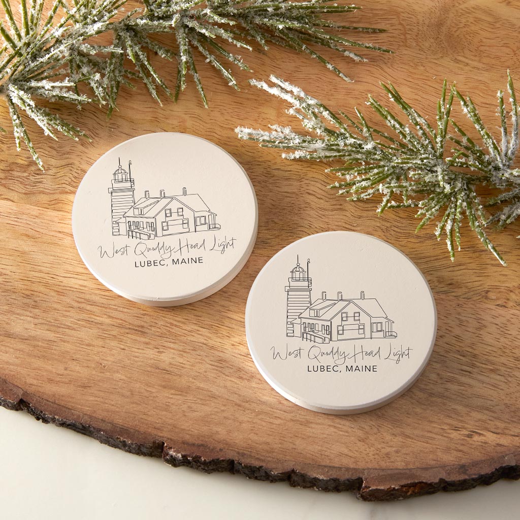 West Quoddy Head Light Muted Coastal| Absorbent Car Coasters | Set of 2 | Min 4