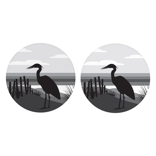 Minimalistic B&W Cape Cod Heron Illustration | Absorbent Car Coasters | Set of 2 | Min 4