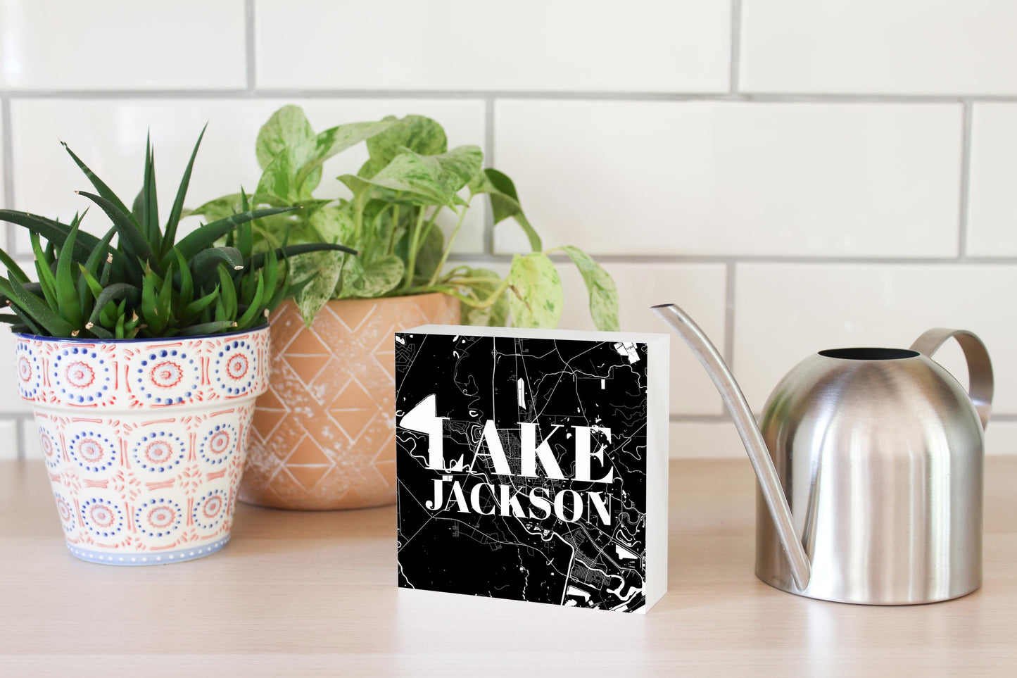Minimalistic B&W Texas Lake Jackson Map | Wood Block | Eaches | Min 4