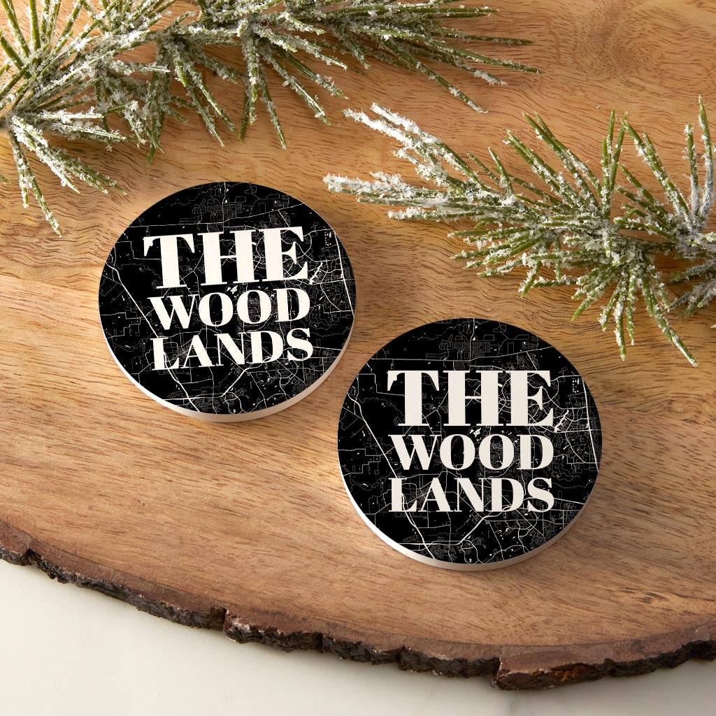 Minimalistic B&W Texas The Woodlands Map | Absorbent Car Coasters | Set of 2 | Min 4