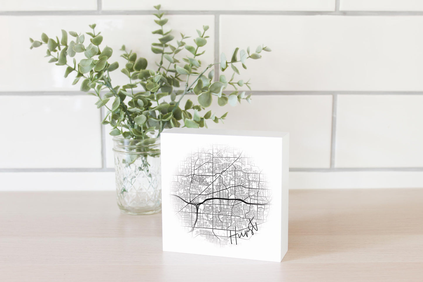 Minimalistic B&W Texas Hurst Circle Map | Wood Block | Eaches | Min 4