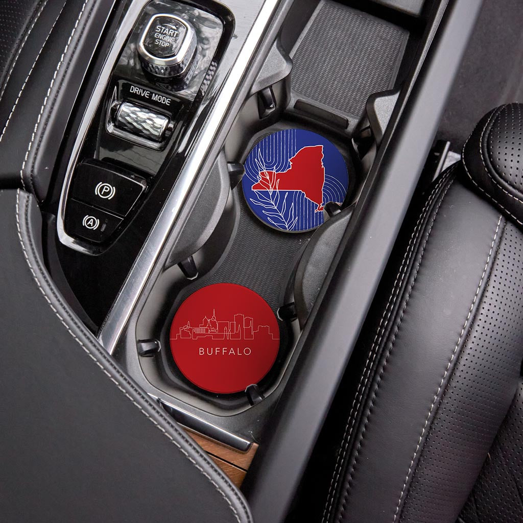 Red White And Blue New York State Buffalo Skyline| Absorbent Car Coasters | Set of 2 | Min 4